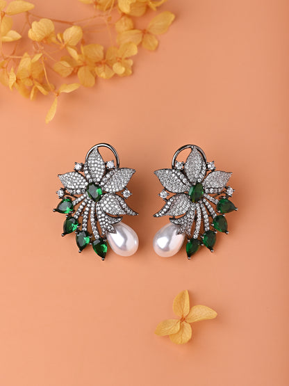 Emerald Flower Earrings With Pearl Drop