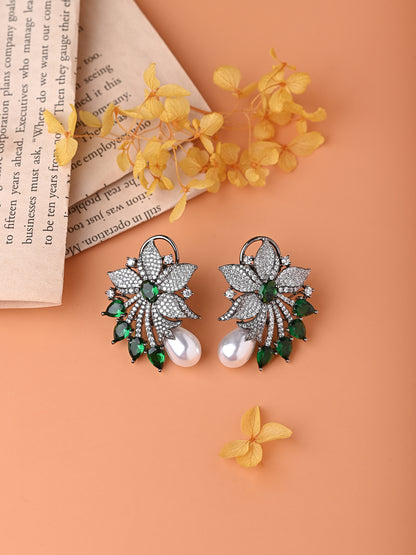 Emerald Flower Earrings With Pearl Drop