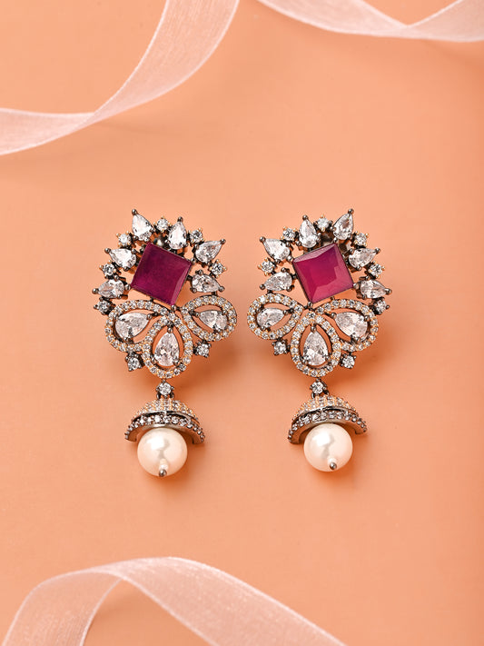 Ruby Embellished Earring With A Pearl Drop (Oxidised Finish)