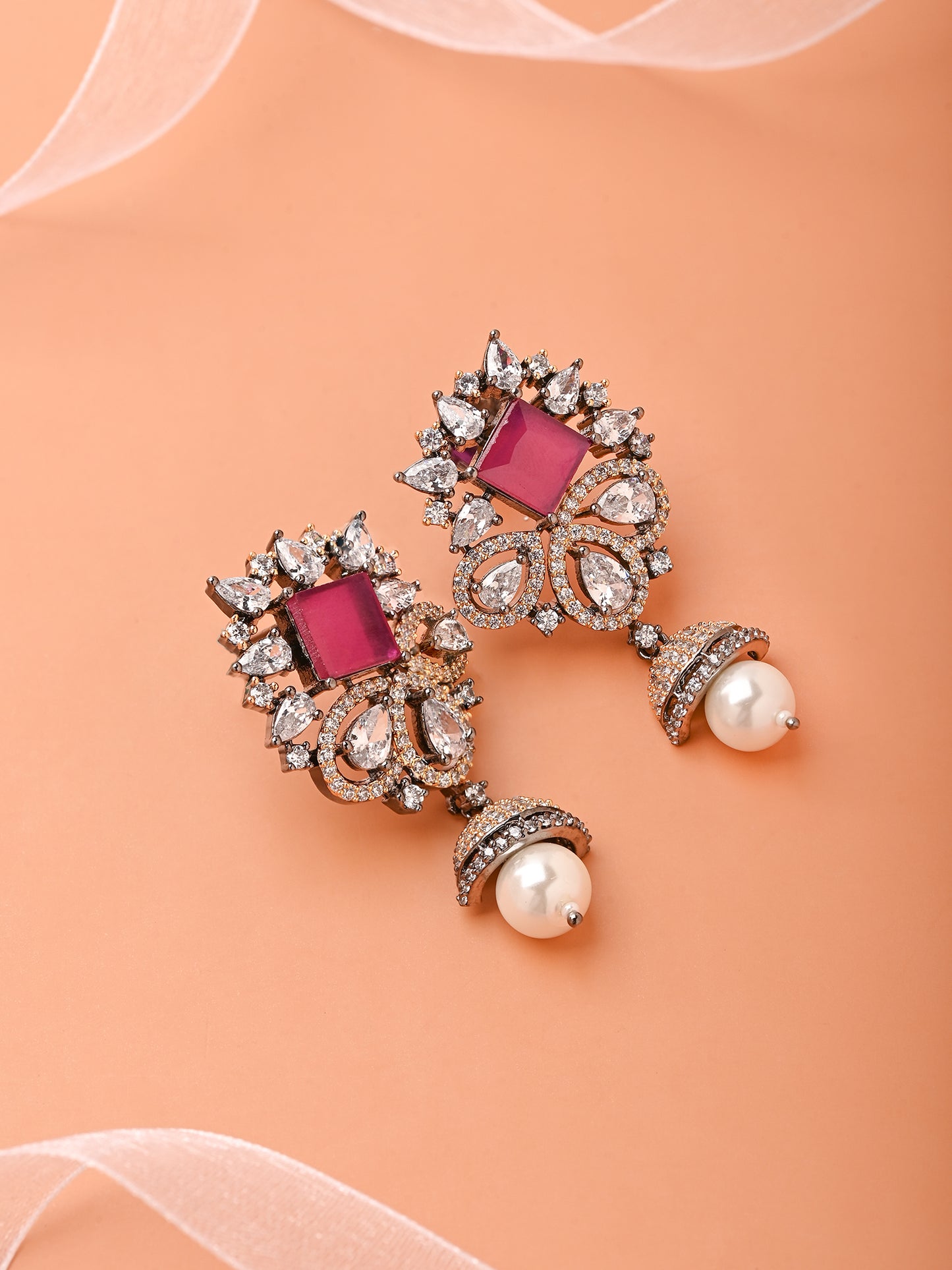 Ruby Embellished Earring With A Pearl Drop (Oxidised Finish)