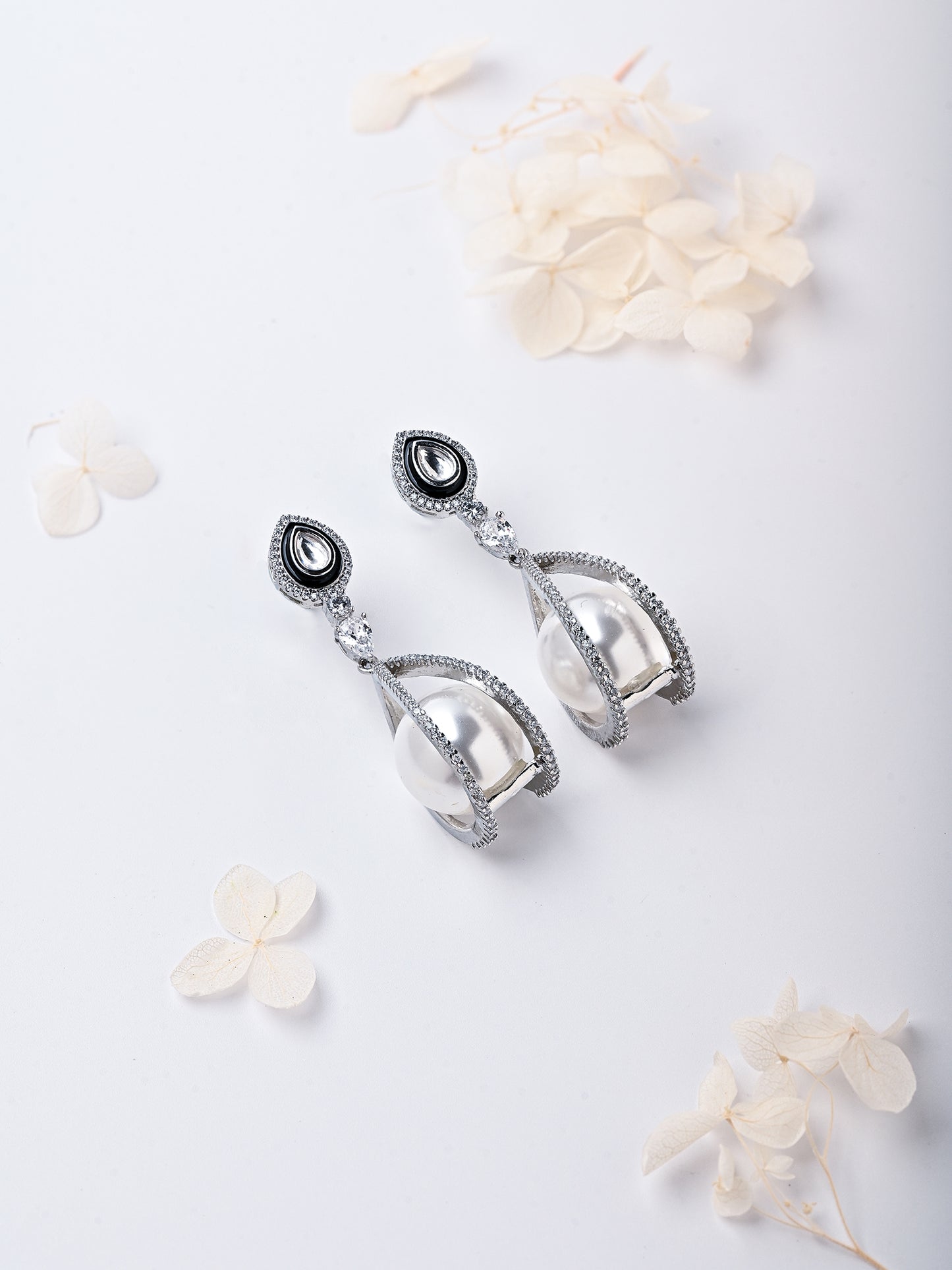 Pearl Drop Earrings With Rhodium Finish