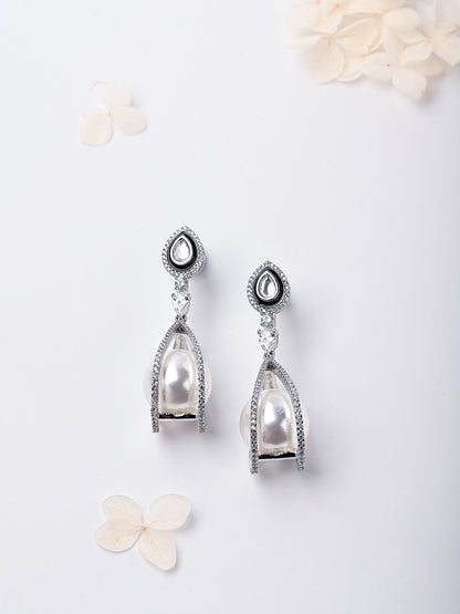 Pearl Drop Earrings With Rhodium Finish