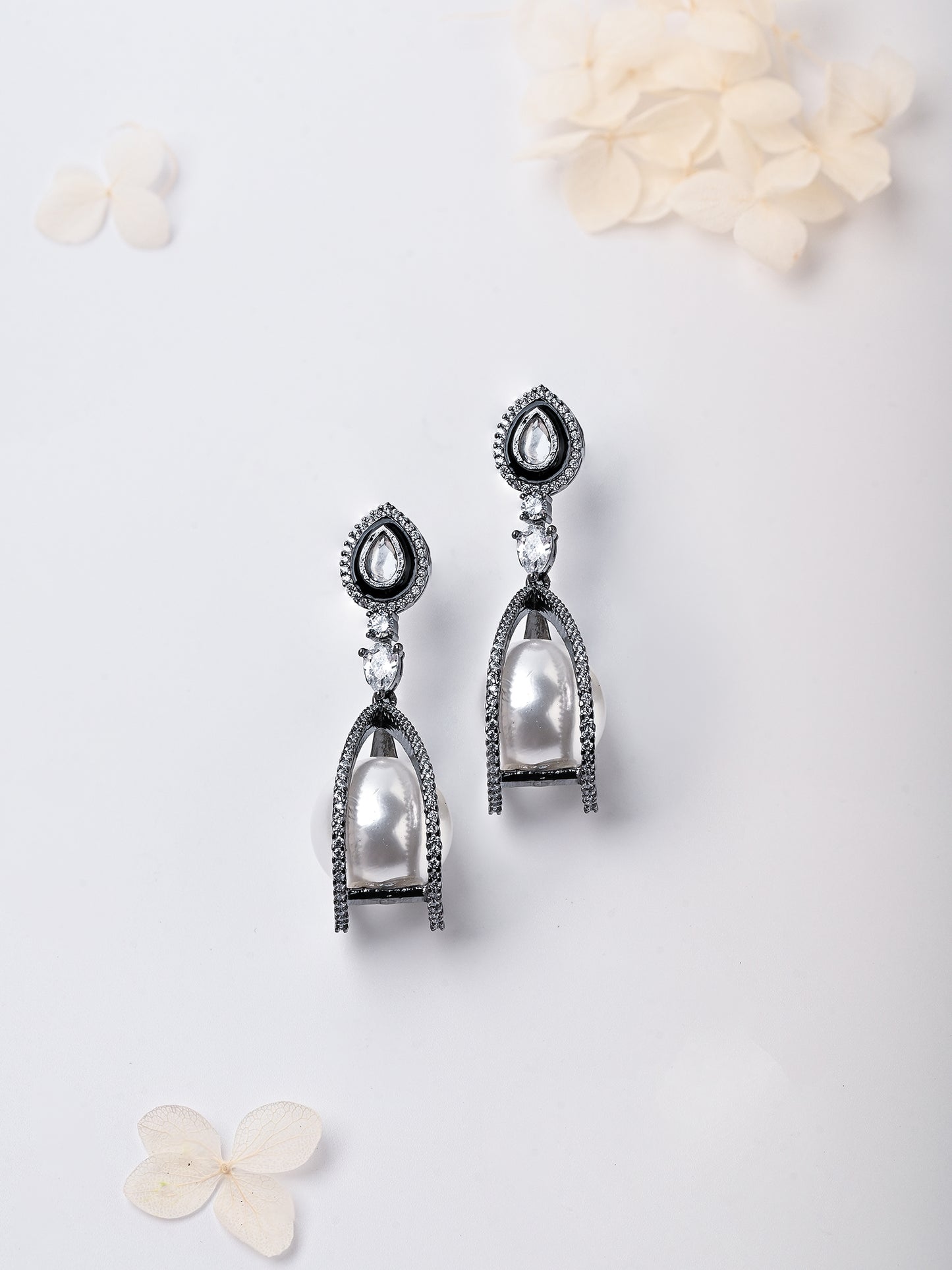 Pearl Drop Earrings With Oxidized Finish