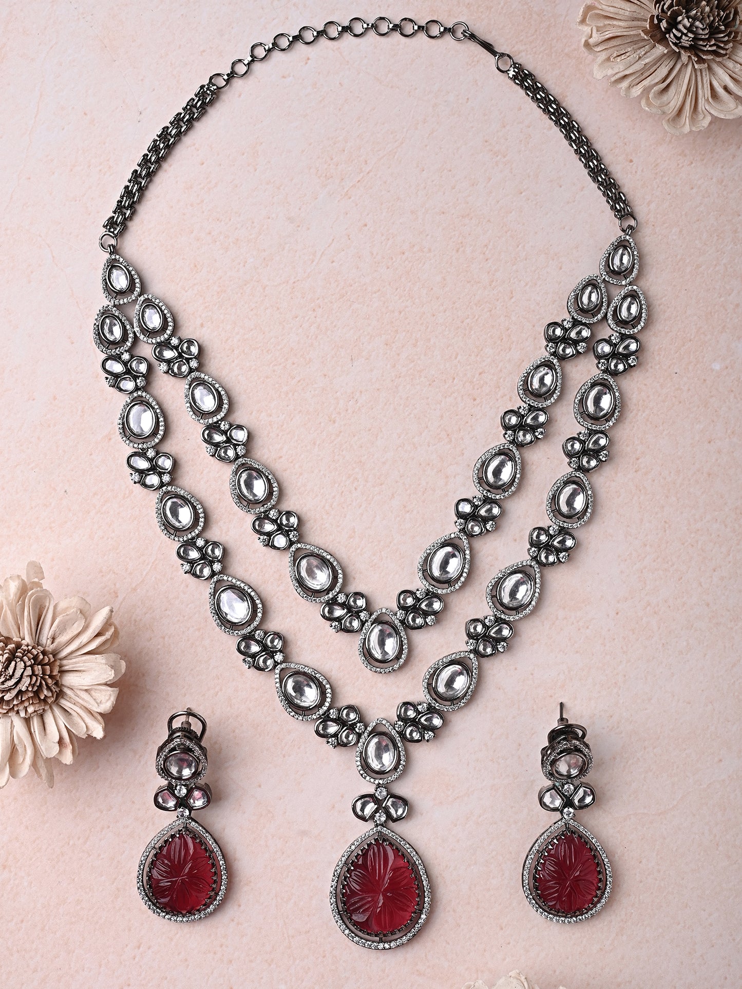 Oxidised Set With Engraved Ruby Stone