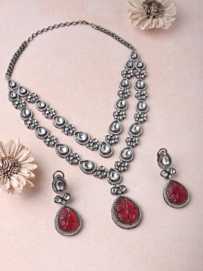 Oxidised Set With Engraved Ruby Stone