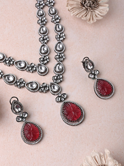 Oxidised Set With Engraved Ruby Stone