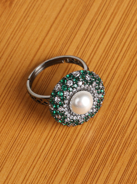 Emerald And Pearl Oxidised Adjustable Ring