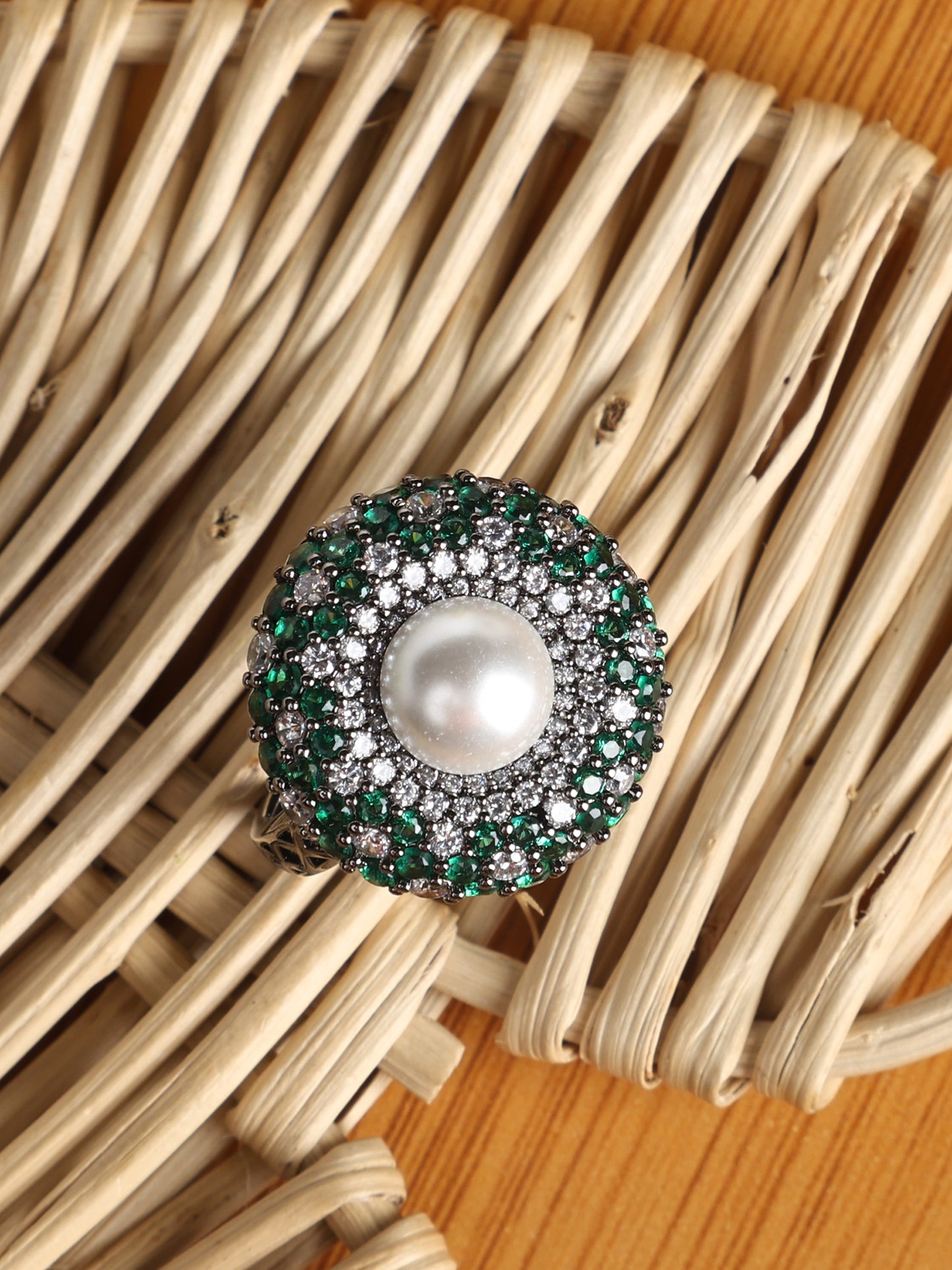 Emerald And Pearl Oxidised Adjustable Ring